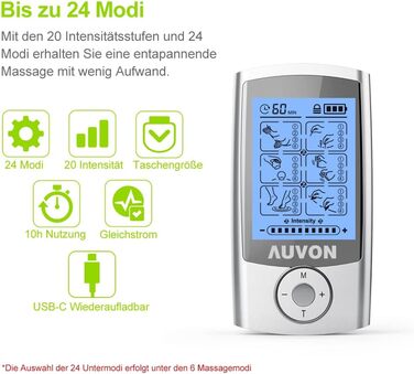 AUVON TENS пристрій: електростимулятор для зняття болю з 24 програмами, 2 канали та 10 шт. електродів преміум-якості