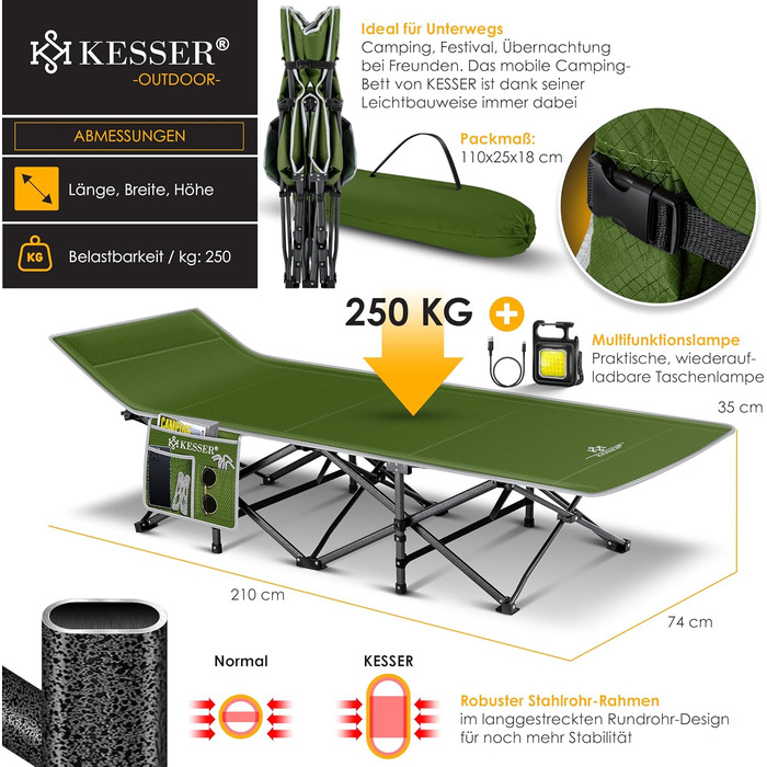 Розкладне ліжко KESSER® для кемпінгу: стабільне металеве ліжко з сумкою, ліхтарем та бічною кишенею, 210 см