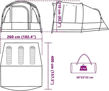 Намет туристичний сімейний на 3 особи, водонепроникний, зелений (VidaXL)