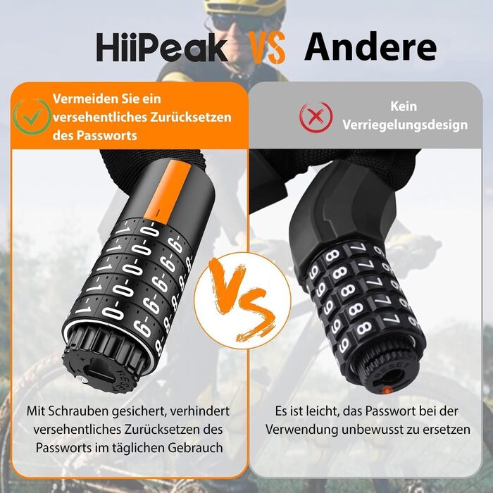 Надійне велозамок HiiPeak з 5-значним кодом, 94 см, 7 мм, для велосипеда, мотоцикла, грилю, чорний