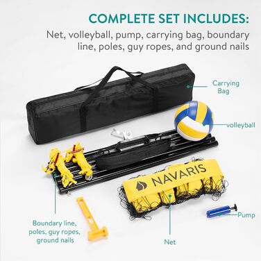 Набір для волейболу Navaris - мережа, м'яч, насос, сумка. Ідеально для пляжного волейболу, саду та тренувань на відкритому повітрі. Легкий монтаж.
