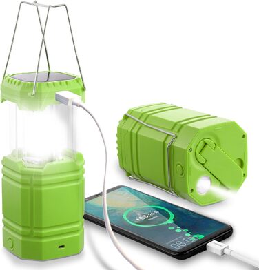 Сонячна кемпінгова лампа LED, водонепроникна, з ручкою, акумулятор 3000mAh, для туризму, риболовлі, SOS, відключень електроенергії (зелена)