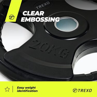 Диск для штанги TREXO 20 кг з ручками, чавунний, покритий, ергономічний, для фітнесу, кросфіту, силових тренувань