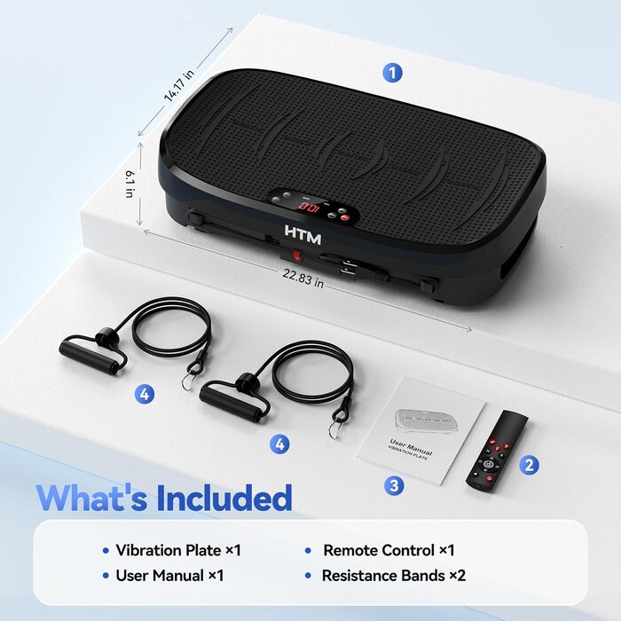 Віброплатформа для фітнесу HTM: вигнута платформа для всього тіла, 150 Вт, 120 рівнів швидкості, з еластичними стрічками та пультом керування, витримує до 150 кг