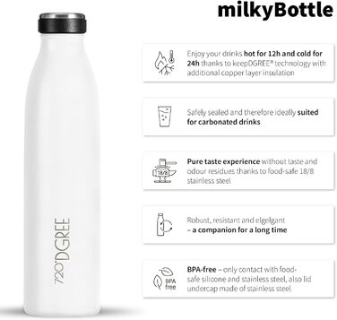 Дитяча термос пляшка з нержавіючої сталі 720°DGREE milkyBottle 350 мл, біла, BPA-free, для газованої води, школи та спорту