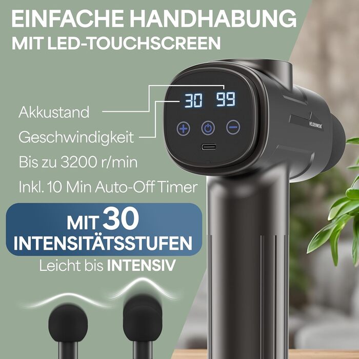 Масажний пістолет з 6 насадками, 30 режимів, USB-C, LCD, для м'язів, сірий