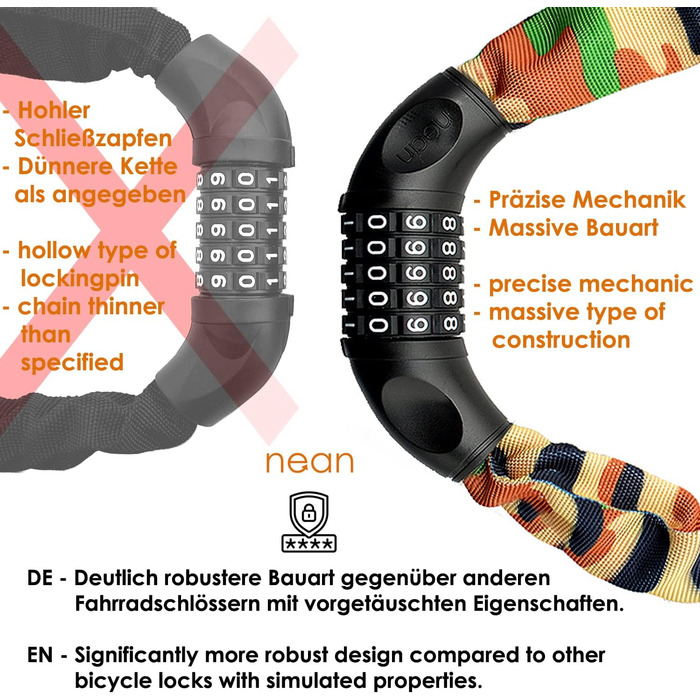 Надійне велозамкне Nean з кодовим замком та високим рівнем захисту, стале ланцюгове замкне, 6 мм x 900 мм (Камуфляж)