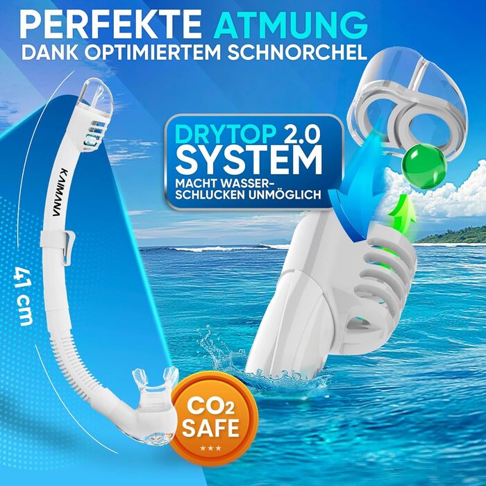 Набір для снорклінгу KAIMANA® AquaVision Elite для дорослих з сумкою, зручна маска для снорклінгу, альтернатива масці для снорклінгу, маска з текстильним/силіконовим ремінцем (AVL Білий, Comfort - Strap)