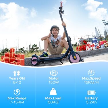 Дитячий електросамокат RCB R7X, 15 км запас ходу, 15 км/год, 7'' повністю гумові колеса, складаний, з амортизацією та подвійним гальмом, для дітей 8-12 років