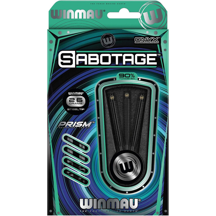 Професійний набір дротиків WINMAU Sabotage Onyx 22-26 г, вольфрамові, сталевий наконечник, з оперенням та стрижнями