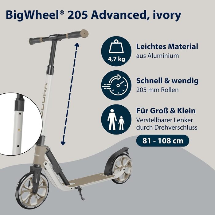 Самокат HUDORA BigWheel 205 Advanced з алюмінію, складаний, регульований, до 100 кг, для дітей, підлітків і дорослих