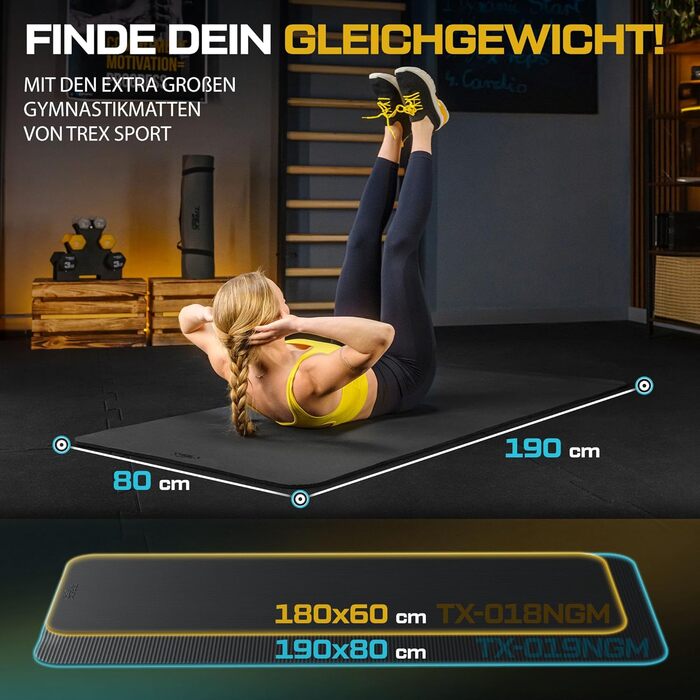 TREX SPORT Килимок для гімнастики та фітнесу | Товстий та м'який, 190x80x1 см, з ручкою для перенесення, чорний | Килимок для йоги з антиковзаючим покриттям