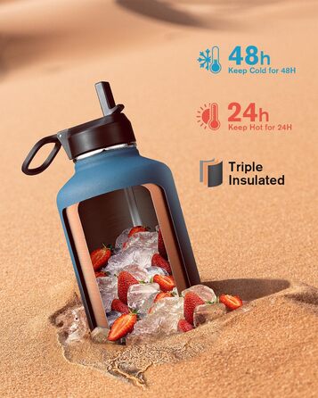 Термос пляшка для води 2 л Coolflask з нержавіючої сталі з трубочкою та 3 кришками, подвійна вакуумна ізоляція, для спорту та офісу, сірий, не протікає