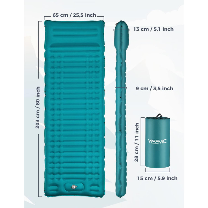 Надувна туристична матрац Yissvic Isomatte з самонадуванням, для кемпінгу, пікніків та подорожей, блакитна