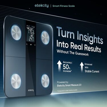 Інтелектуальна вага Etekcity для вимірювання ваги тіла, жиру, м'язів та BMI. Цифрова вага з великим дисплеєм та підтримкою офлайн-режиму. Чорний колір.