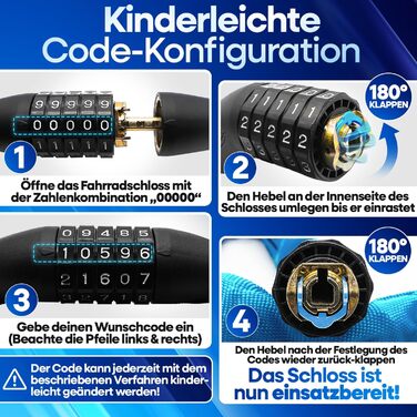 NEXTCOVER® Замки для велосипедів LockPro з кодовим замком - Оригінал - [SAFESECURE] Висока безпека | 5-значний код, сталевий замок для велосипеда, замок для електровелосипеда, ланцюговий замок, синій