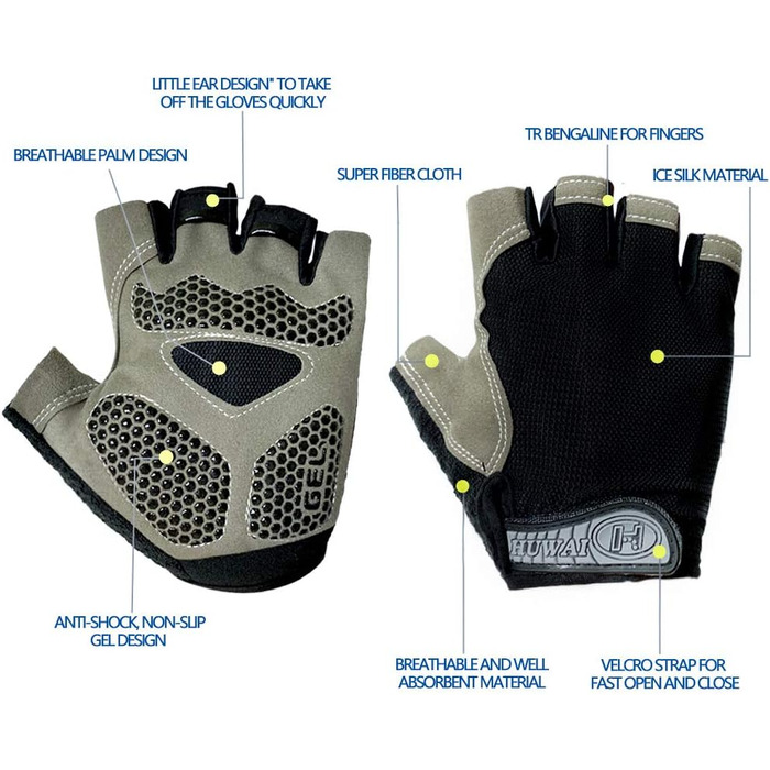 Рукавички для велосипеда для чоловіків та жінок: MTB, тренувальні, для шосе та гірського велосипеда, напівпальцеві, літні, чорний колір, розмір M