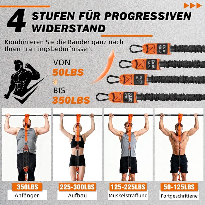 Смуги опору для підтягувань Klimmzughilfe, 50-350lbs, регульований опір та висота, з підставкою для ніг, помаранчеві
