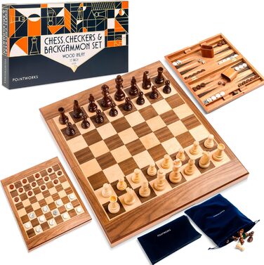 Набір шахів, шашок та нарду для дорослих 43,2 см, дерево, портативний, складаний, двосторонній, з великими фігурами