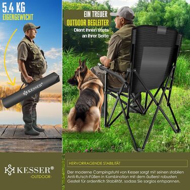 Крісло для кемпінгу KESSER® розкладне, до 160 кг | Рибальське крісло, з підлокітниками, кишенею для напоїв та світлом | Зручне крісло для пляжу та відпочинку на природі (Антрацит/Чорний)