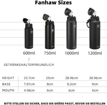 Фанхав 600 мл, ізольована спортивна пляшка для води з трубочкою, чорна, для школи, дітей, чоловіків та жінок