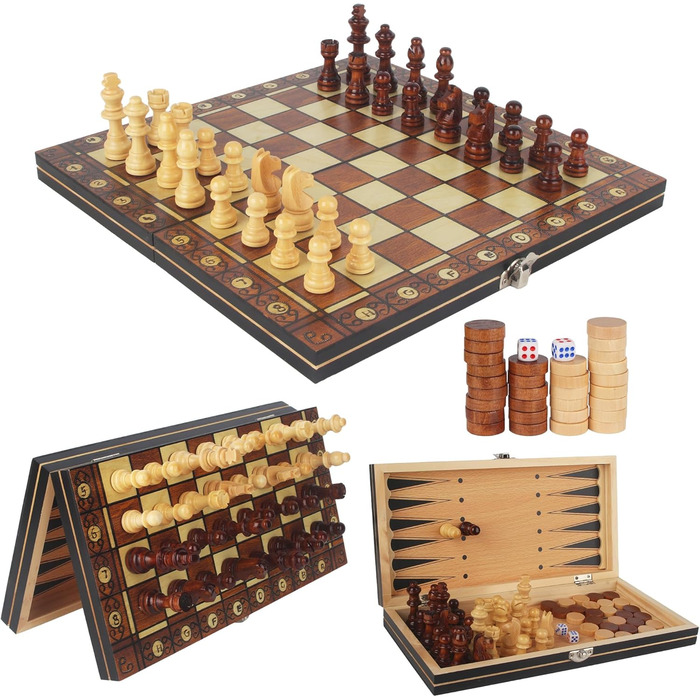 Набір для гри в шахи дерев'яний магнітний 3-в-1, 29 x 29 см. Ідеально для дітей, друзів та сім'ї