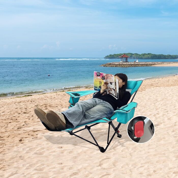 Крісло для кемпінгу Poeopore складне з підставкою для ніг, 4-х секційне, для відпочинку на пляжі та риболовлі, витримує до 120 кг, з кишенькою-холодильником, подушкою та тримачем для напоїв, блакитне