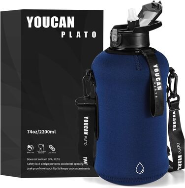 Youcan Plato пляшка для води 2 л з трубочкою і чохлом, спортивна пляшка для води 2 літри, фітнес-глечик, BPA Free, підходить для газованої води, темно-синя