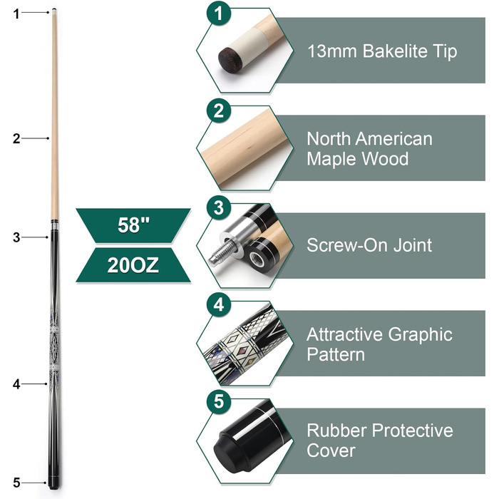 Більярдний кий Pool Queue 58 дюймів, тверде дерево, 13 мм наконечник, для професійних гравців, 1/2 кий, чорний