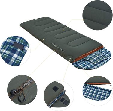 Сплячий мішок KingCamp для дорослих 3 в 1 з знімною ковдрою, зимовий, XXL, бавовна фланель, легкий, портативний, теплий (оливковий, наповнювач 500г/м²)