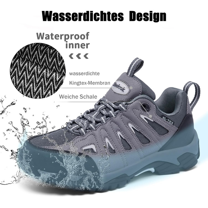 Туфлі для хайкінгу SHULOOK для жінок, водонепроникні, легкі, трекінгові, з антиковзким покриттям, для активного відпочинку, кемпінгу, риболовлі (41.5 EU, чорний/сірий)