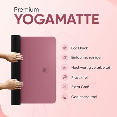 YOGALABS® Преміум йога-мат STUDIO 185×68×0,4 см, екстра великий, ремінь у комплекті, ECO PU та натуральний каучук, антиковзка поверхня, для йоги, гімнастики та пілатесу, 100% екологічний, без шкідливих речовин, бузковий