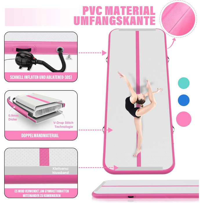 Надувна гімнастична матка для дому, 300x100x10 см (м'ятно-зелена)