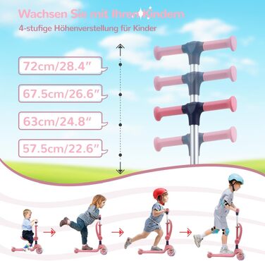 Дитячий самокат-скутер 2 в 1 Stompa для дітей від 2 років (до 50 кг), з LED-колесами, складаним сидінням та регулюванням висоти, рожевий
