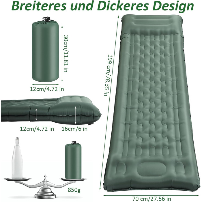 Кемпінговий килимок Jaztral самонадувний 2025, 12 см, посилена структура, насос, подушка 16 см, стійкий до розривів, ультралегкий та компактний для відпочинку на природі, походів, пляжу, 70 x 199 см