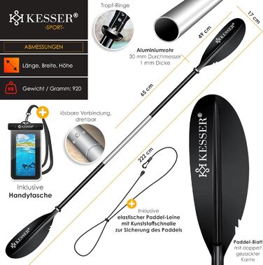 Весло KESSER® з подвійним лезом (4 частини) для каяка, SUP, станд-ап паділбордингу. Алюмінієве весло 228 см, ідеально для човна, веслування. В комплекті: страховий шнур, чохол для телефону, чорний човен.
