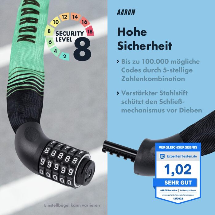 Замок для велосипеда AARON Lock One: сталевий ланцюговий замок з 5-значним кодом, високий рівень захисту, підходить для E-bike, MTB, Trekking, Tour та шосейних велосипедів (М'ятний)