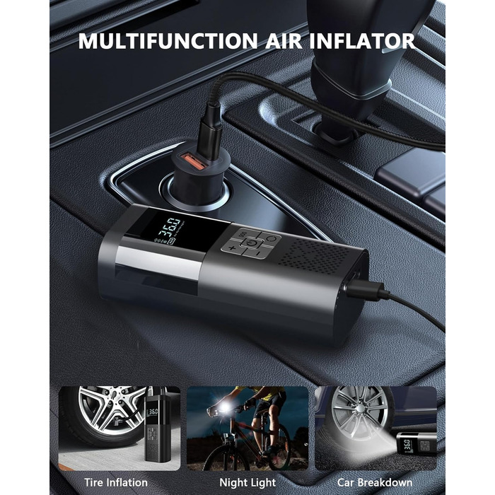SERVOMASTER Електрична повітряна помпа з манометром, портативний міні-компресор, акумулятор 150PSI, LED-підсвічування, для авто, мотоцикла, велосипеда, м'ячів (чорний, сірий, бездротовий)