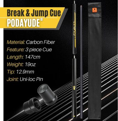PODAYUDE Білліардний кий для стрибків та руйнування з карбону, 3 частини, 12.9 мм наконечник, 19 oz, чорний/жовтий