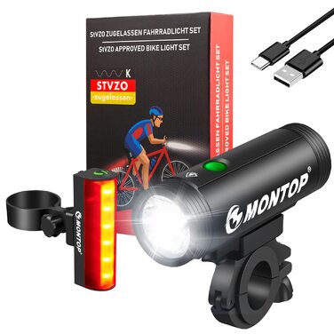 Набір світлодіодних ліхтарів для велосипеда MONTOP LITE-400 (передній та задній), USB-акумулятор, сертифікація StVZO, для дорослих та дітей