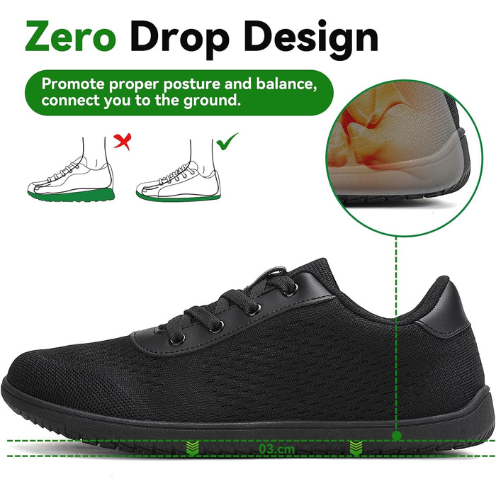 Кросівки для бігу Barfußschuhe: чоловічі та жіночі, зручні, дихаючі, з широкою передньою частиною, антиковзкі, чорні, 43 EU