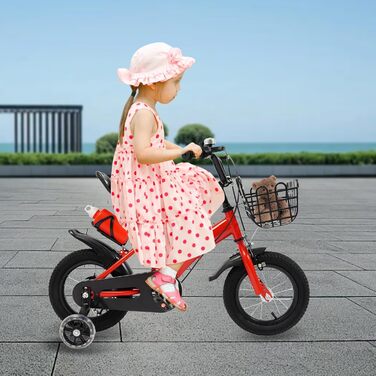 Дитяче велосипед 12 дюймів, для дітей 2-5 років з бічними колесами, тренувальний велосипед з пляшкою та кошиком, велосипед для дівчаток та хлопчиків, регульована висота, червоний