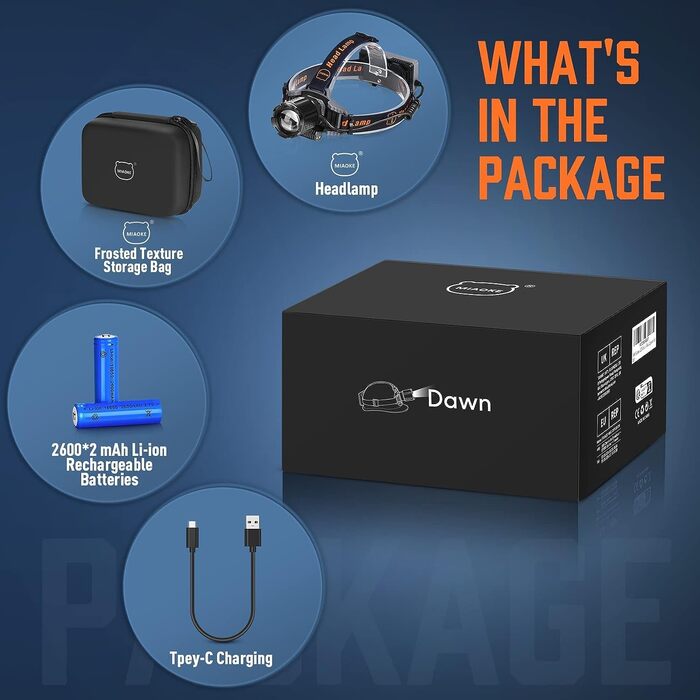 Ліхтар на лоб MIAOKE, USB-перезарядний LED-ліхтар 100000 люмен, надзвичайно яскравий, IPX5 водонепроникний, 4 режими, індикатор заряду та сигнальний світлодіод для дорослих, бігу, активного відпочинку, кемпінгу, риболовлі/полювання, помаранчевий