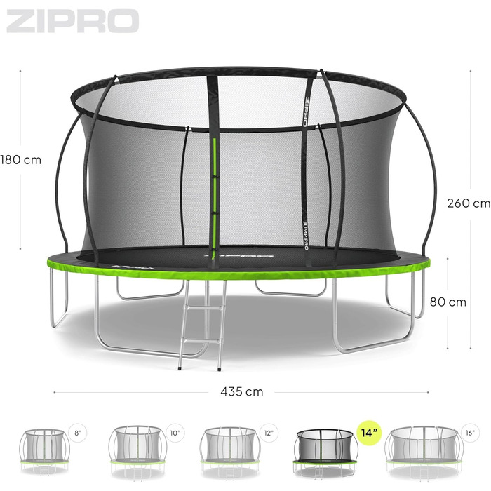 ZIPRO JumpPro Premium Трамплін для дітей Outdoor з сіткою, вологостійкий, захист від УФ, проста збірка, вантажопідйомність до 150 кг, діаметр 252/312/374/435/496 см