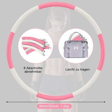 Обруч для фітнесу BLAIKOYI Hula Hoop для дорослих, 8 секцій, регульована вага 1,2-3,5 кг, сталевий сердечник, для схуднення, біло-рожевий