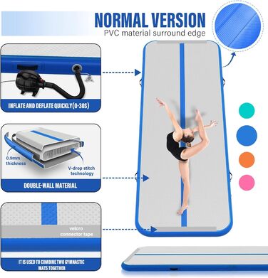 Гімнастичний надувний мат Dwzdd Air Track для дітей та дорослих, килим для тамблінга, гімнастики та чирлідингу, світло-блакитний (400x100x10 см)