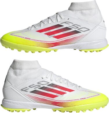 Жіночі футбольні бутси adidas F50 League Mid для гри на траві, розмір 38 2/3 EU, кольори: Cloud White, Lucid Red, Solar Yellow