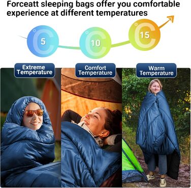 Спальник Forceatt 3-сезонний (5°C - 25°C) для кемпінгу, подорожей, фестивалів - темно-синій, ультралегкий, водонепроникний, мумія