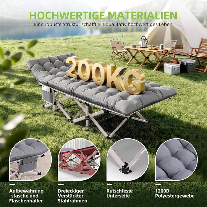 Ліжко похідне розкладне Feldbett XXL 7 зон, 250 кг, Oxford 1200D, кут нахилу 15°, сіре (2 шт)