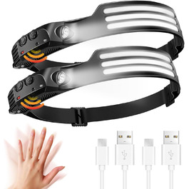 LED налобний ліхтар, 2 шт., перезаряжається, 230° широкий кут огляду, 3 LED, датчик світла, водонепроникний, легкий, для бігу, риболовлі, 2 білих світлодіодів